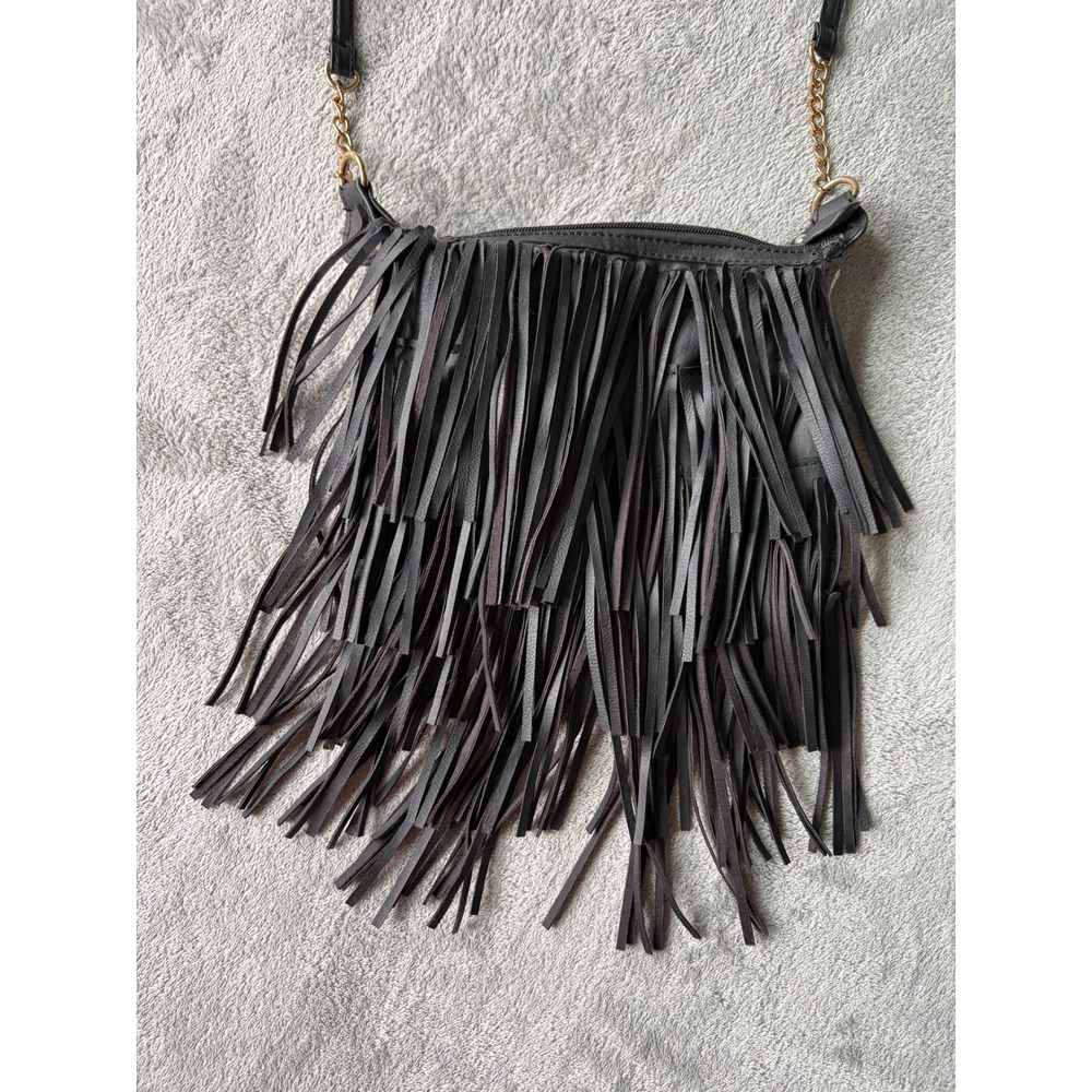 Rue21 Womens Crossbody Bag Small Black Faux Leather Fringe Western Boho Festival - Picture 2 of 14